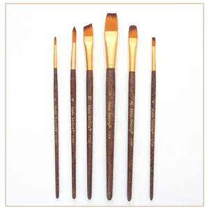 Set of 6 wooden handle nylon hair artist paintbrushes for watercolor acrylic painting detail
