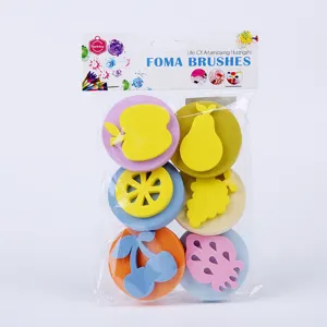 Kids EVA sponge stamps detail showing fruit shaped foam painting tools for early education DIY art.