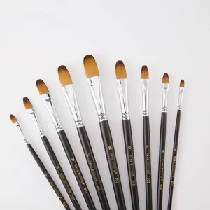 Gedetailleerd overzicht van nylon penseelset, zwart houten handvat met maatnummers, kunst.