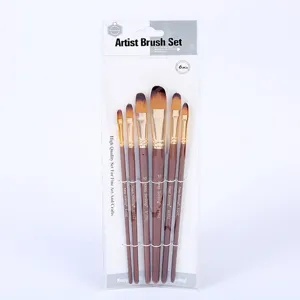 Juego de 6 pinceles de artista con mangos de madera para pintura en acuarela y bellas artes.