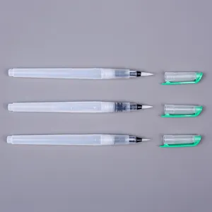 Detail view of three refillable water brush pens with green caps for watercolor painting.