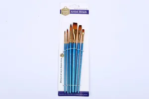 Set van 6 nylon kunstenaarskwasten met blauwe handgrepen voor aquarel en acryl schilderen.