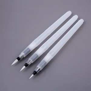 Set of 3 water brush pens with translucent plastic barrels and white nylon tips for watercolor art.