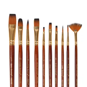 10pcs nylon hair paint brush set with brown wooden handles, detailed view for painting art.