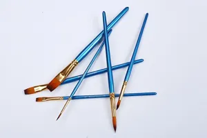Set van 6 blauwe nylon penselen, professionele kunstbenodigdheden voor aquarel en acryl.