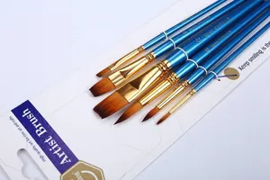 Set van 6 nylon kunstenaars penselen met blauwe handvatten, ideaal voor aquarel en acryl schilderen.