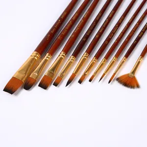 10pcs nylon hair artist paint brush set with brown wooden handles for watercolor painting.