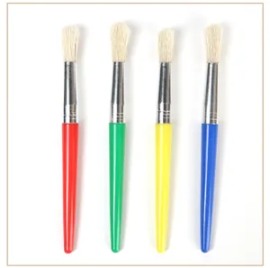 Set of 4 colorful plastic handle paintbrushes, detailed view of student art painting tools.