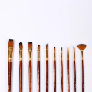10 pcs nylon hair paintbrush set with brown wooden handles for watercolor and fine art painting.