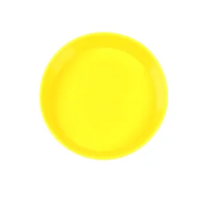 Vista dettagliata dall'alto di una tavolozza per pittura in plastica giallo vivo, vassoio.