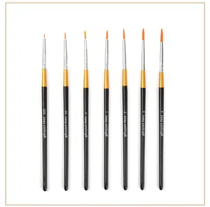 Detail view of 7-piece fine line paint brush set with black handles for precision acrylic art.