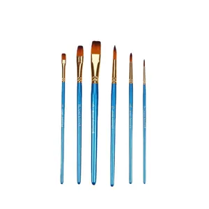 Set van 6 nylon verfborstels met blauwe handgrepen voor aquarel acryl olieverf kunst