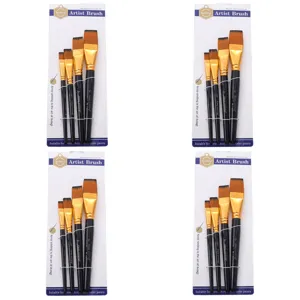Lot de 4 pinceaux d'artiste plats avec manches noirs et emballage sur carte suspendue.