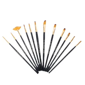 Professional 12-piece nylon hair artist paint brush set with black handles for art drawing.