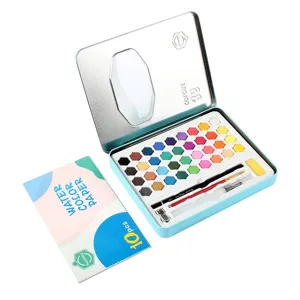 Set di 36 colori per acquerello solido con scatola di latta, pennelli e carta per acquerelli.