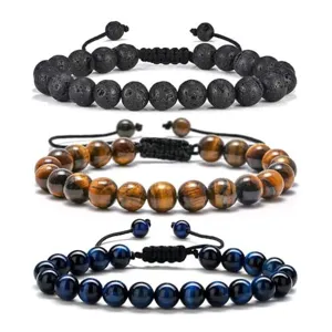 Natural tiger eye and lava stone beaded adjustable bracelets set for men, couple fashion jewelry.