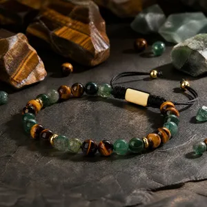 Men tiger eye and green agate gemstone beaded bracelet with adjustable braided cord detail.