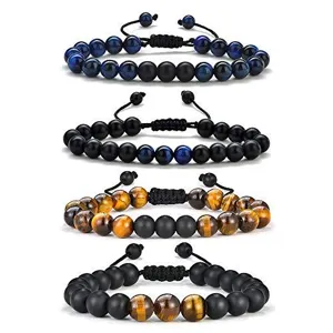 Detailed view of adjustable beaded bracelets featuring natural tiger eye and volcanic stone beads.