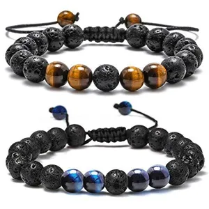 Detail view of adjustable beaded bracelets featuring natural lava stone and colorful tiger eye beads.