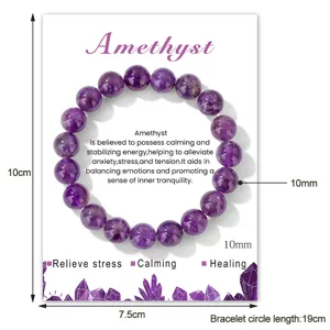 Natural amethyst round bead stretch bracelet detail with display card showing size and healing energy.