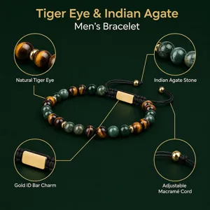 Detail view of men's gemstone bracelet featuring natural tiger eye and Indian agate stones.