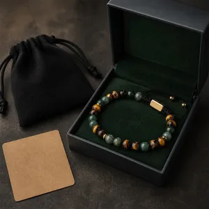 Men's beaded bracelet with tiger's eye and green agate gemstones, adjustable braided cord design.