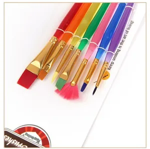 Details of colorful nylon paintbrushes set with plastic handles for kids DIY art painting.