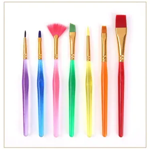 Set of 7 colorful nylon paintbrushes with translucent plastic handles for DIY art and kids crafts.