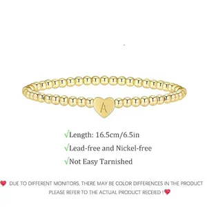 Gold beaded bracelet with letter A heart charm, 16.5cm stainless steel jewelry for women.