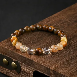 Bracciale di perle in pietra naturale con quarzo occhio di tigre e cristallo unisex.