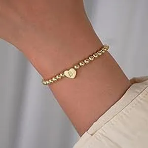 Gold beaded bracelet with heart letter charm stainless steel elastic wrist jewelry for women