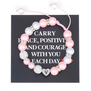 Handmade pink pearl beaded bracelet with stainless steel initial heart charm for women girls.