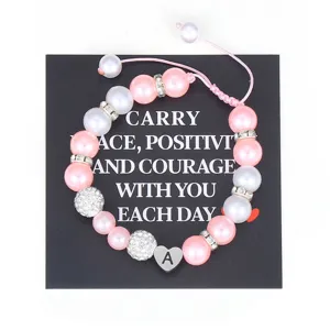 Handmade Artificial Pearl Bracelet Stainless Steel Heart Letter Pendant Rhinestone Beaded Adjustable Jewelry Women