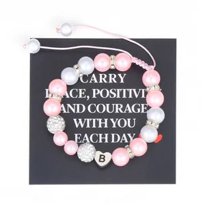Handcrafted pink white pearl bracelet with stainless steel letter heart charm for women girls.