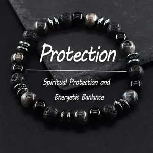 Detail shot of the mens natural stone beaded bracelet featuring lava stone and hematite.