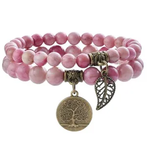 Double layer natural stone beaded bracelet with antique bronze tree of life charm bohemian
