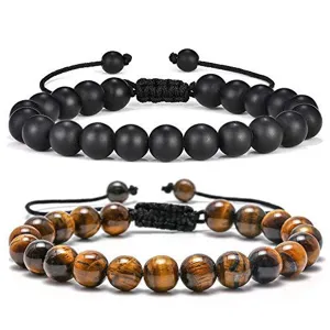 Matte black volcanic stone and natural tiger eye beaded adjustable bracelets set for men