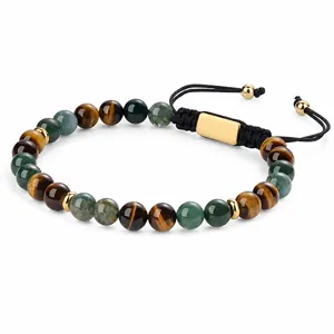 Men's tiger eye and Indian agate beaded bracelet with adjustable braided cord detail.