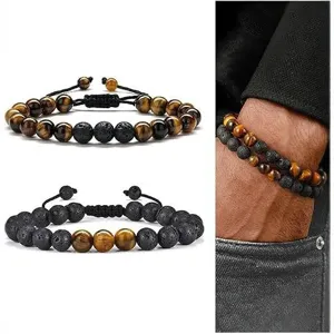 Natural Stone Tiger Eye Volcanic Lava Stone Beaded Bracelet For Men Adjustable Braided Couple Bracelet Fashion Jewelry Gift