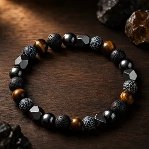 Men multi-stone energy bracelet with tiger eye lava stone hematite beads fashion jewelry.