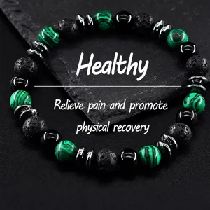 Men's natural stone beaded bracelet featuring malachite, volcanic rock, and hematite.