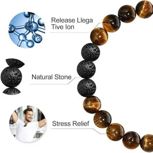 Tiger eye volcanic stone beaded bracelet for men, natural gemstone stretch fashion gift.