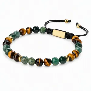 Men's Beaded Bracelet Natural Tiger's Eye And Indian Agate Gemstone Braided Adjustable Cord Fashion Jewelry Gift