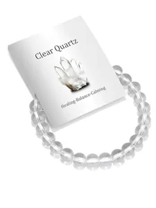 Klarer Quarz Kristall Perlen Edelstein Armband mit Heilungskarte Detailansicht.