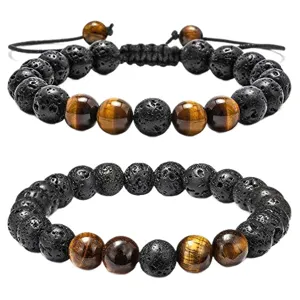 Natural Tiger Eye & Volcanic Lava Stone Beaded Bracelets Set for Men and Women Couple