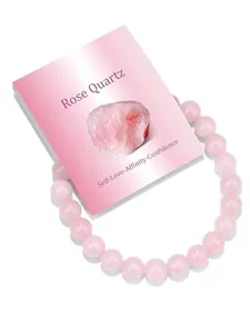 Elegantes Rosenquarz Perlenarmband elastischer Edelstein Schmuck mit passender Produktkarte.