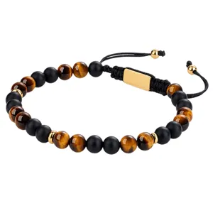 Men's natural tiger eye and black agate beaded bracelet with adjustable braided cord.