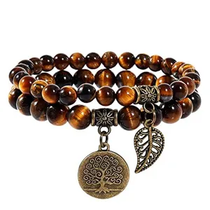 Natural stone beaded double bracelet with tree of life pendant bohemian jewelry style.