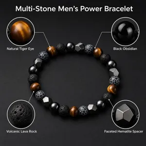 Men's multi-stone energy bracelet featuring natural tiger eye, black obsidian, and volcanic rock.