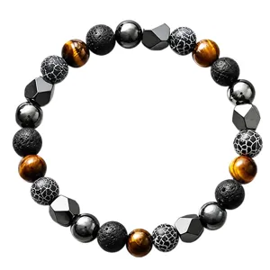 Men multi-stone beaded bracelet tiger eye volcanic stone hematite elastic fashion jewelry
